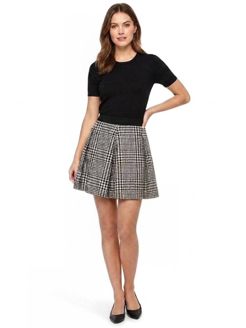 Marc Jacobs Houndstooth Pleated A-Line Skirt, Black White, Womens Size 6